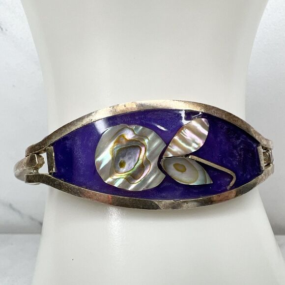 Vintage Alpaca Mexico Silver Abalone Shell Flower Bangle ✨ - Picture 1 of 8